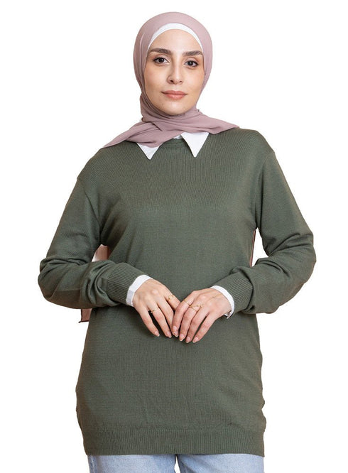 Olive Round Knit Pullover - Khotwh